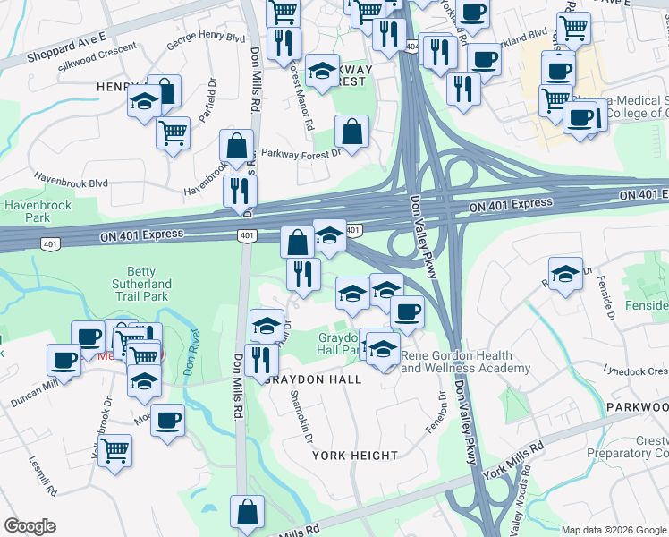 map of restaurants, bars, coffee shops, grocery stores, and more near 150 Graydon Hall Drive in Toronto