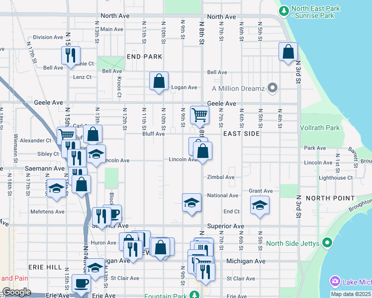map of restaurants, bars, coffee shops, grocery stores, and more near 1919 North 9th Street in Sheboygan