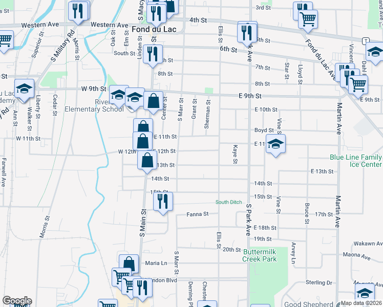 map of restaurants, bars, coffee shops, grocery stores, and more near 94 East 12th Street in Fond du Lac