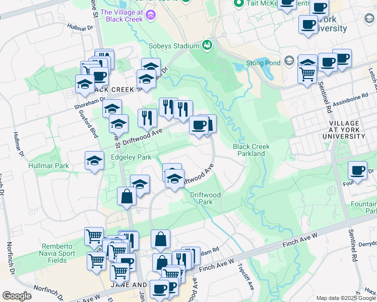 map of restaurants, bars, coffee shops, grocery stores, and more near 35 Hoover Crescent in Toronto