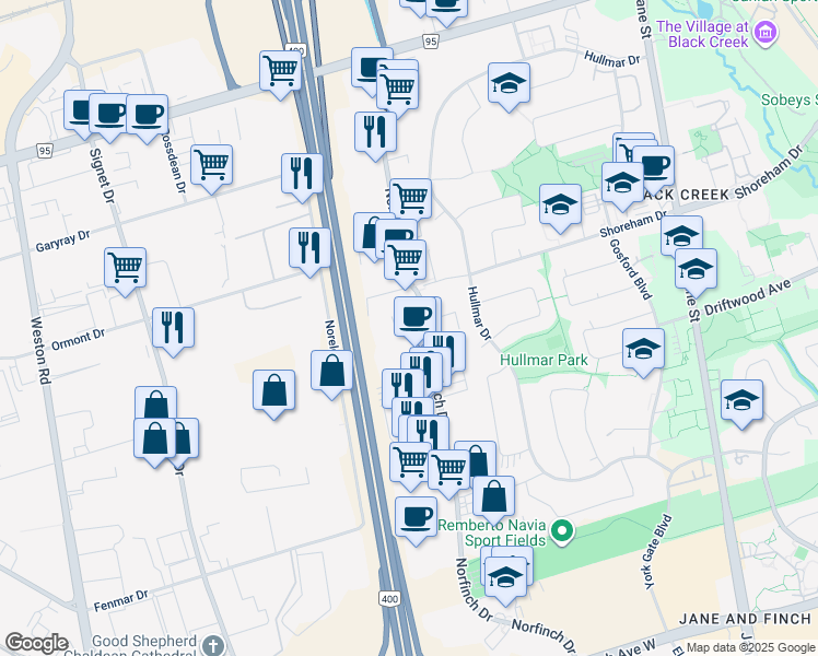 map of restaurants, bars, coffee shops, grocery stores, and more near in Toronto