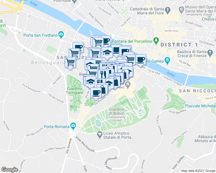 map of restaurants, bars, coffee shops, grocery stores, and more near 3 Via dei Preti in Firenze
