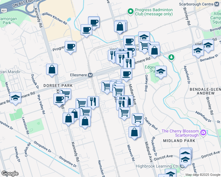 map of restaurants, bars, coffee shops, grocery stores, and more near 49 Kawneer Terrace in Toronto