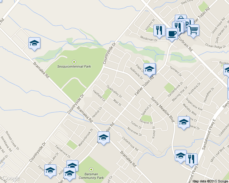 map of restaurants, bars, coffee shops, grocery stores, and more near 43 Quailvalley Drive in Brampton
