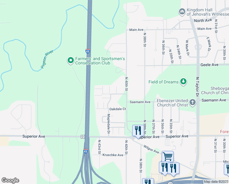 map of restaurants, bars, coffee shops, grocery stores, and more near 1834 Northwood Court in Sheboygan