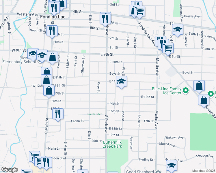 map of restaurants, bars, coffee shops, grocery stores, and more near 481 South Park Avenue in Fond du Lac