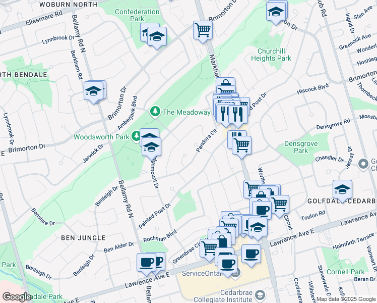 map of restaurants, bars, coffee shops, grocery stores, and more near 22 Panama Court in Toronto
