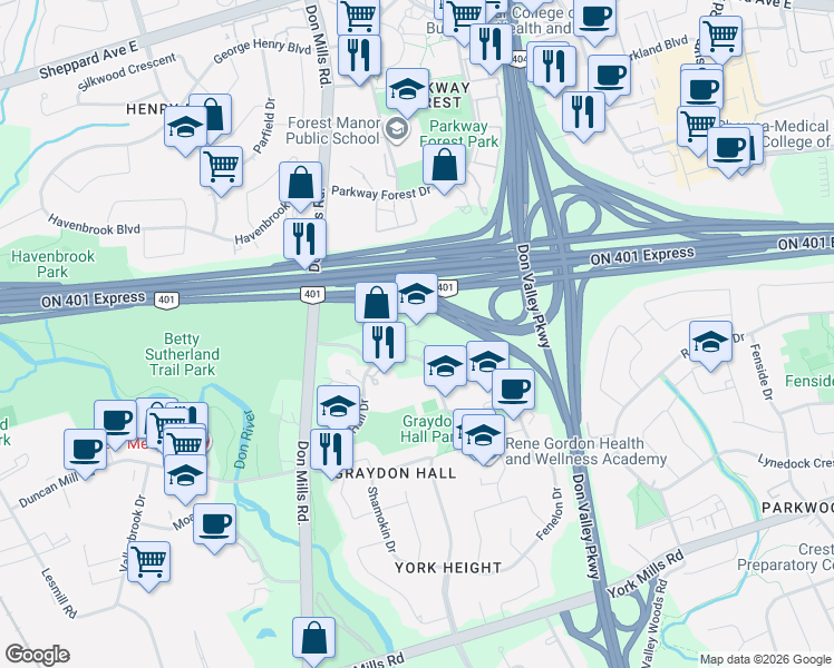 map of restaurants, bars, coffee shops, grocery stores, and more near 150 Graydon Hall Drive in Toronto