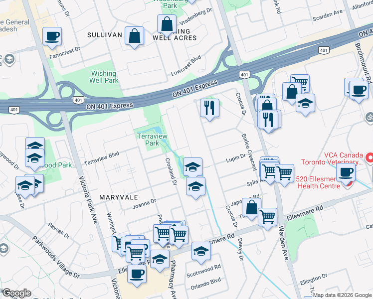 map of restaurants, bars, coffee shops, grocery stores, and more near in Toronto