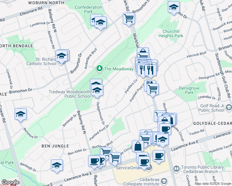 map of restaurants, bars, coffee shops, grocery stores, and more near 16 Panama Court in Toronto