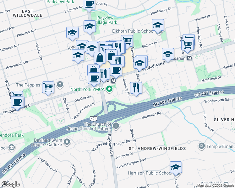 map of restaurants, bars, coffee shops, grocery stores, and more near 30 Kenaston Gardens in Toronto