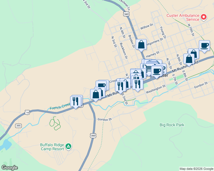 map of restaurants, bars, coffee shops, grocery stores, and more near 38 North 1st Street in Custer