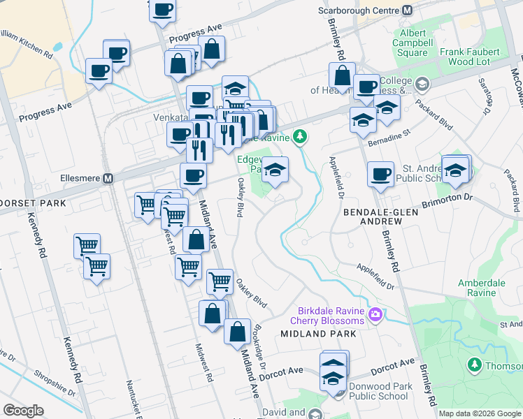 map of restaurants, bars, coffee shops, grocery stores, and more near 6 Abbottswood Road in Toronto