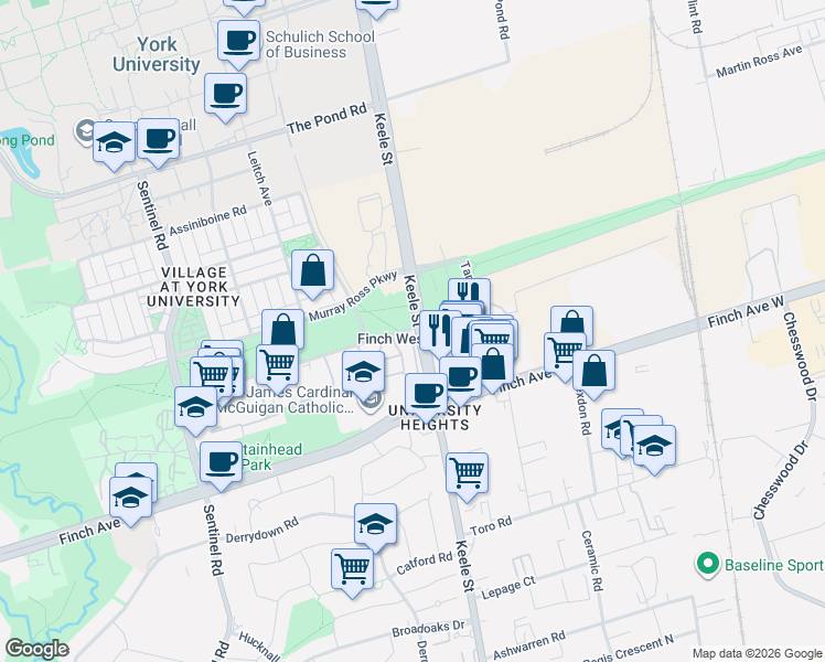 map of restaurants, bars, coffee shops, grocery stores, and more near 1 Four Winds Drive in Toronto