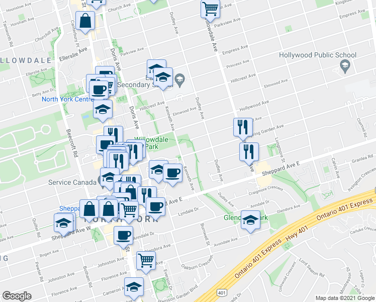 map of restaurants, bars, coffee shops, grocery stores, and more near 130 Spring Garden Avenue in Toronto