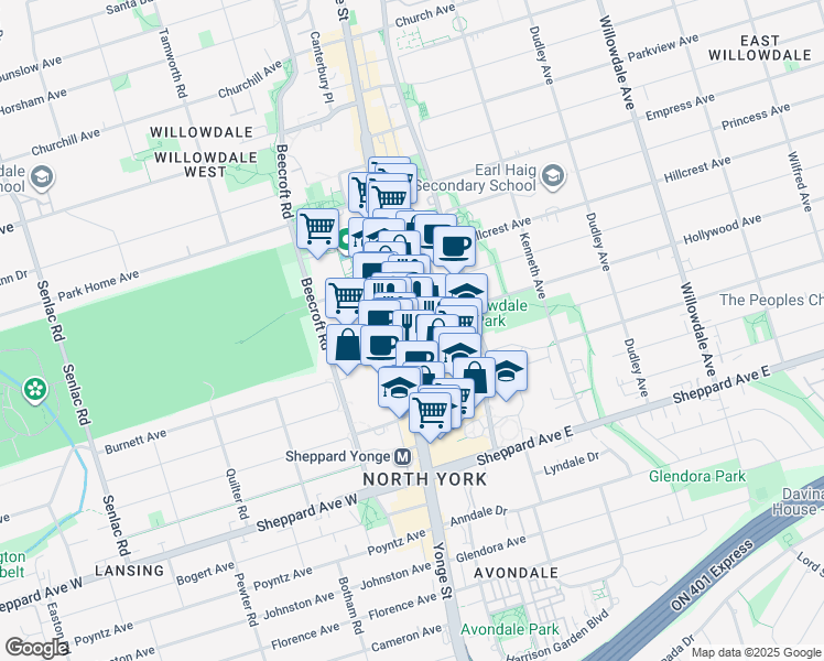 map of restaurants, bars, coffee shops, grocery stores, and more near in Toronto