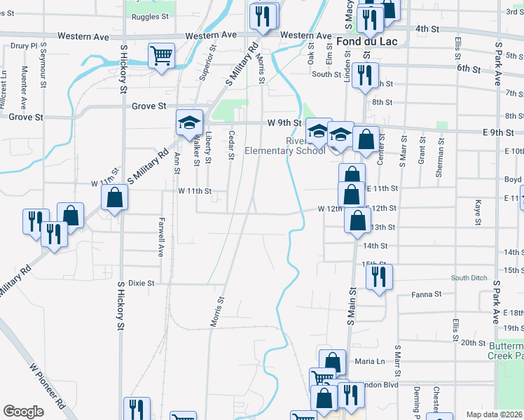 map of restaurants, bars, coffee shops, grocery stores, and more near 193 West 12th Street in Fond du Lac