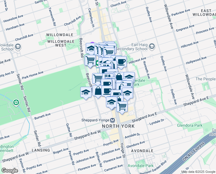 map of restaurants, bars, coffee shops, grocery stores, and more near 4978 Yonge Street in Toronto