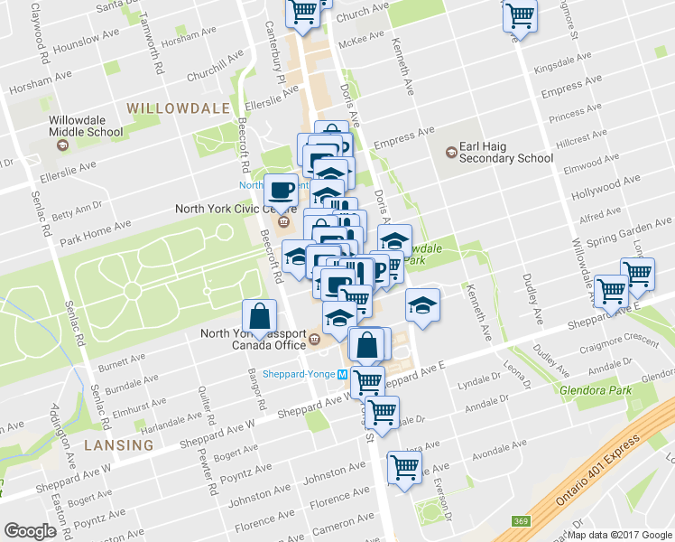 map of restaurants, bars, coffee shops, grocery stores, and more near 4968 Yonge Street in Toronto