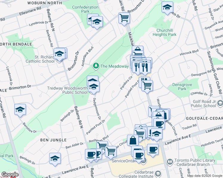 map of restaurants, bars, coffee shops, grocery stores, and more near 16 Panama Court in Toronto