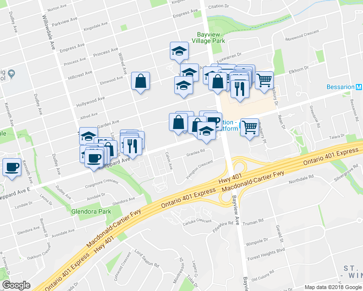 map of restaurants, bars, coffee shops, grocery stores, and more near 315 Sheppard Avenue East in Toronto