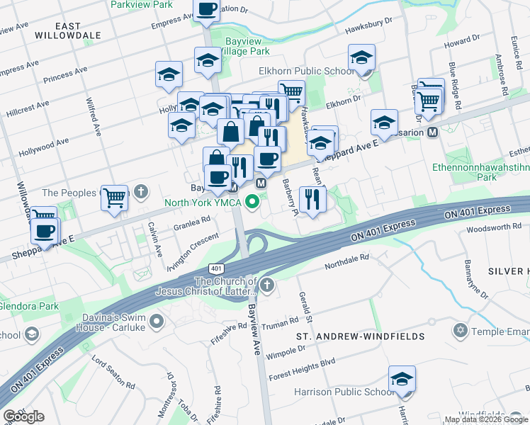 map of restaurants, bars, coffee shops, grocery stores, and more near 18 Kenaston Gardens in Toronto