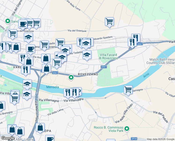 map of restaurants, bars, coffee shops, grocery stores, and more near Via Paolo Boselli in Florence