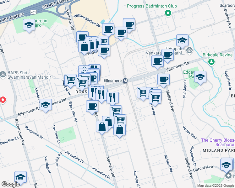 map of restaurants, bars, coffee shops, grocery stores, and more near Jolly Way in Toronto