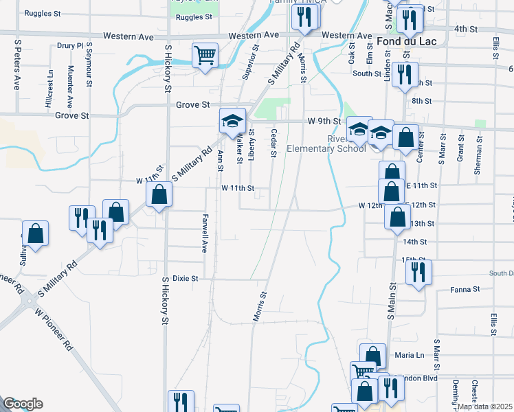 map of restaurants, bars, coffee shops, grocery stores, and more near 267 West 12th Street in Fond du Lac