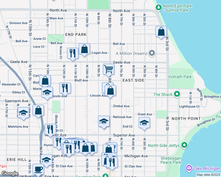 map of restaurants, bars, coffee shops, grocery stores, and more near 1921 N 8th St in Sheboygan