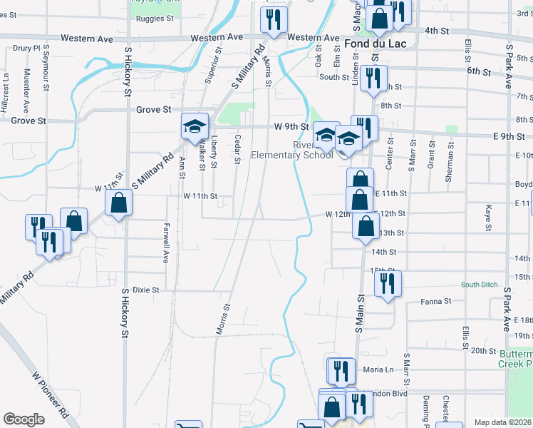 map of restaurants, bars, coffee shops, grocery stores, and more near 193 West 12th Street in Fond du Lac