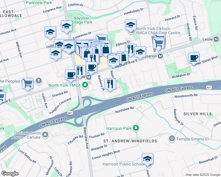 map of restaurants, bars, coffee shops, grocery stores, and more near 2 Rean Drive in Toronto