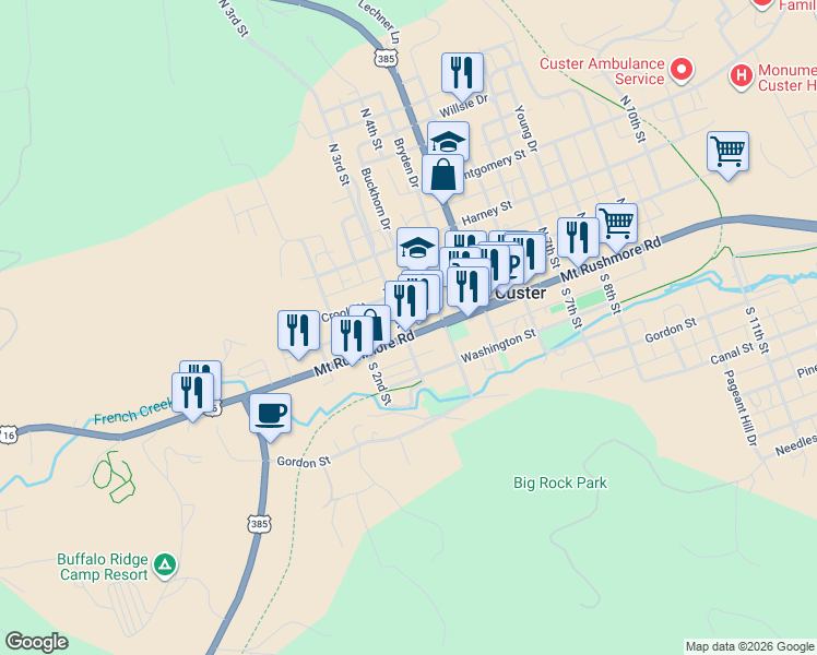 map of restaurants, bars, coffee shops, grocery stores, and more near 1-41 North 3rd Street in Custer