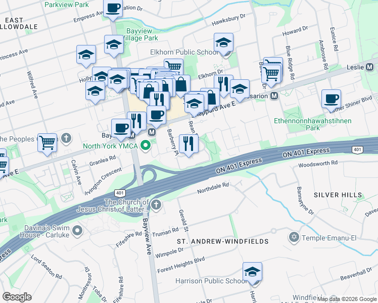 map of restaurants, bars, coffee shops, grocery stores, and more near 2 Rean Drive in Toronto