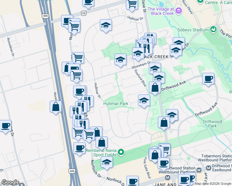 map of restaurants, bars, coffee shops, grocery stores, and more near 25 Bimini Crescent in Toronto