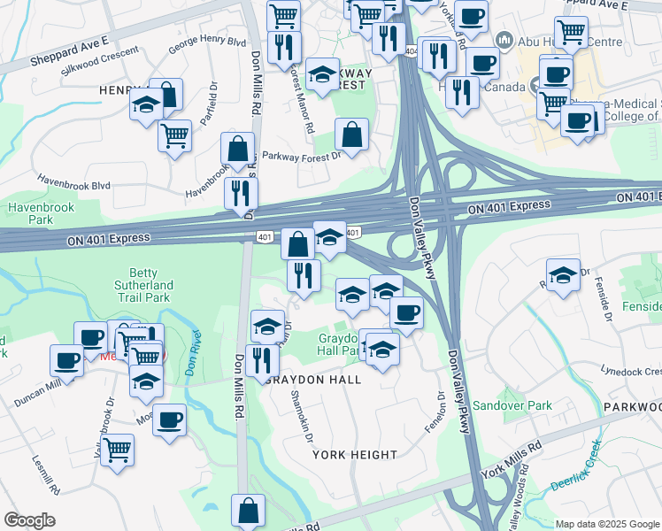map of restaurants, bars, coffee shops, grocery stores, and more near 150 Graydon Hall Drive in Toronto