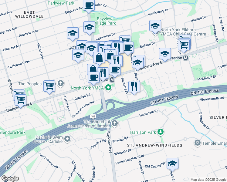 map of restaurants, bars, coffee shops, grocery stores, and more near 18 Kenaston Gardens in Toronto