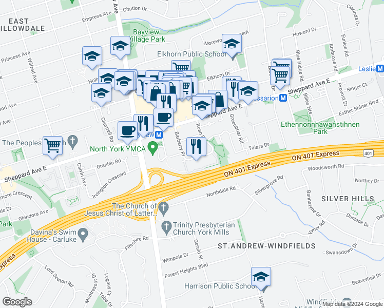 map of restaurants, bars, coffee shops, grocery stores, and more near in Toronto