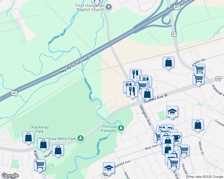map of restaurants, bars, coffee shops, grocery stores, and more near 7082 Islington Avenue in Vaughan