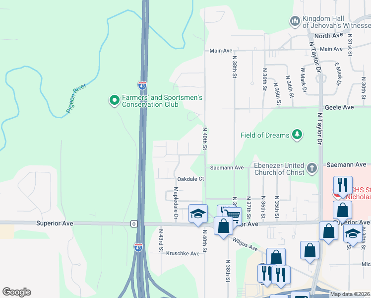 map of restaurants, bars, coffee shops, grocery stores, and more near 1834 Northwood Court in Sheboygan