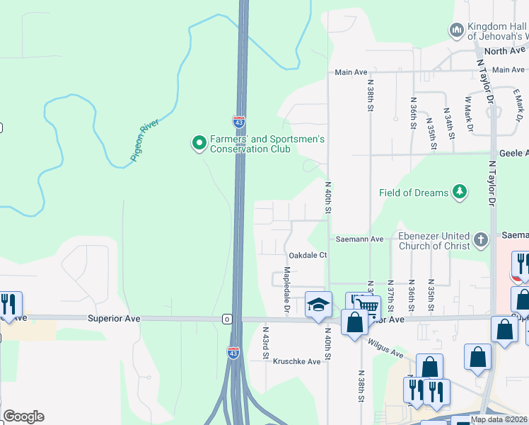 map of restaurants, bars, coffee shops, grocery stores, and more near 4218 Kirkwood Court in Sheboygan