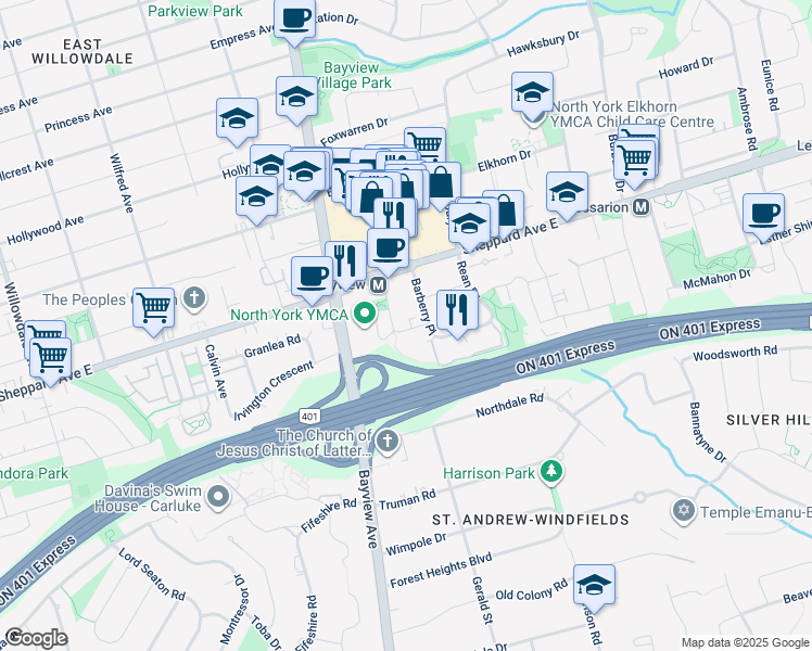 map of restaurants, bars, coffee shops, grocery stores, and more near 17 Kenaston Gardens in Toronto