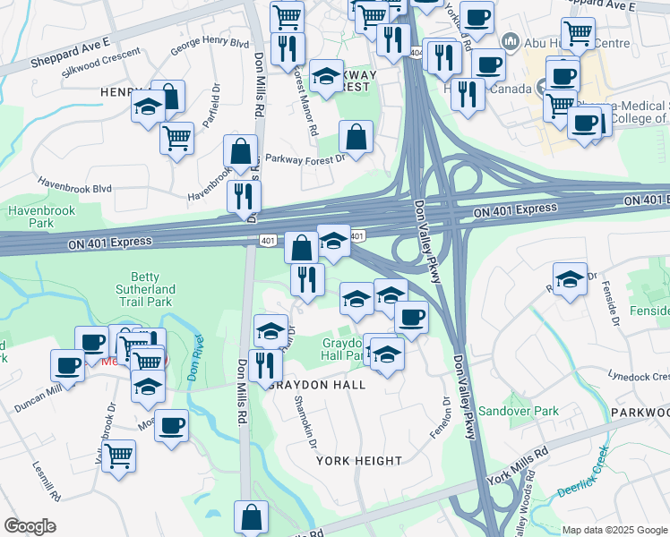 map of restaurants, bars, coffee shops, grocery stores, and more near 150 Graydon Hall Drive in Toronto