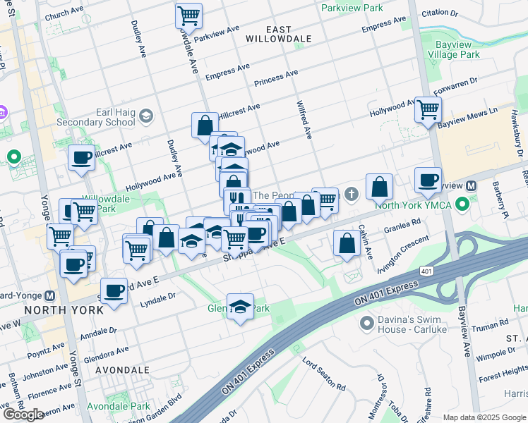 map of restaurants, bars, coffee shops, grocery stores, and more near 271 Greenfield Avenue in Toronto