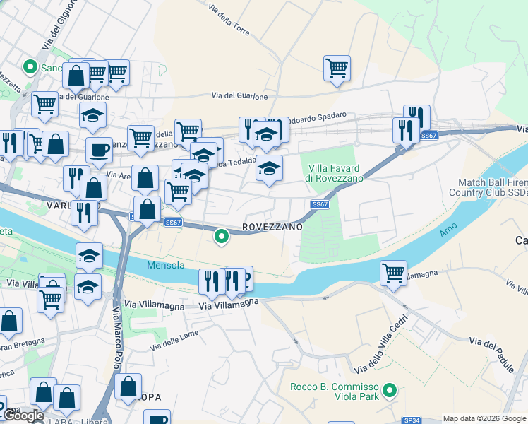 map of restaurants, bars, coffee shops, grocery stores, and more near Via Paolo Boselli in Florence