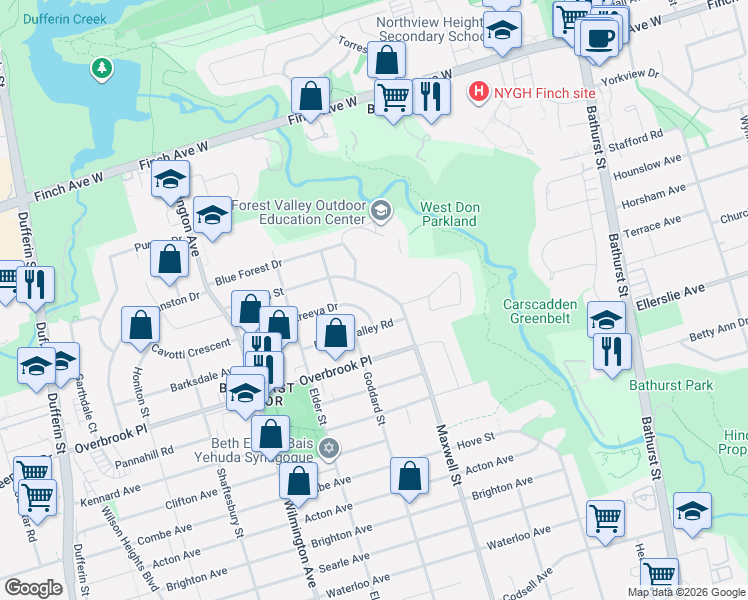map of restaurants, bars, coffee shops, grocery stores, and more near 228 Maxwell Street in Toronto