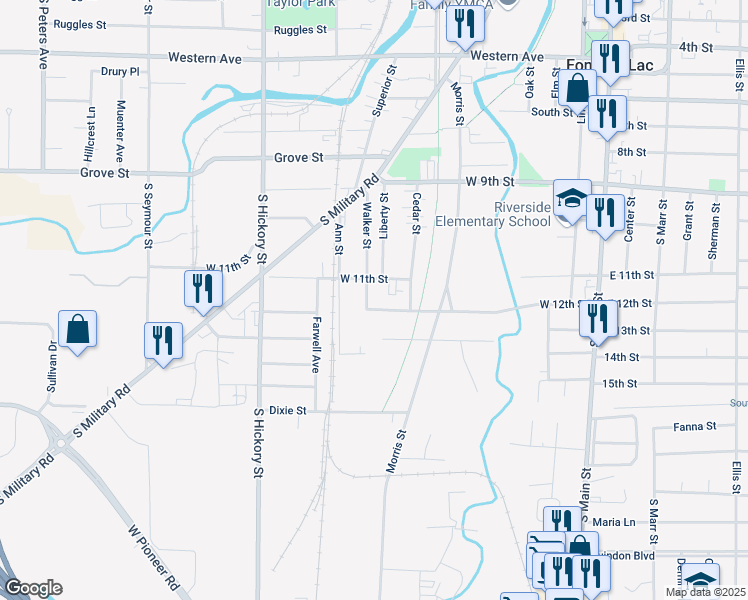 map of restaurants, bars, coffee shops, grocery stores, and more near 267 West 12th Street in Fond du Lac