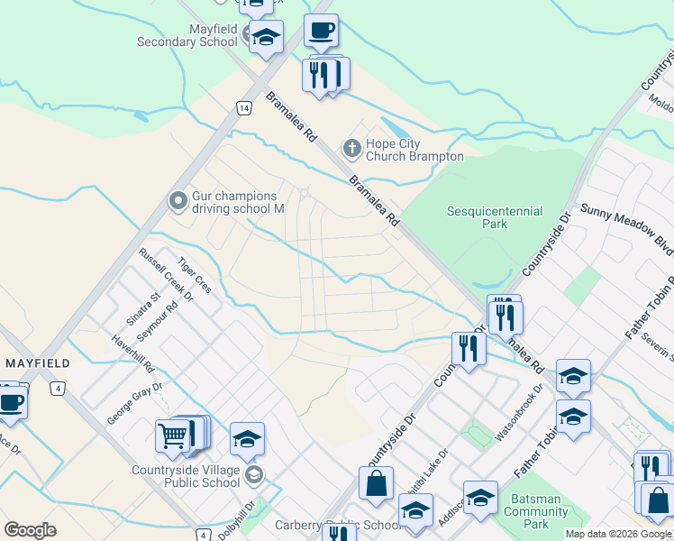 map of restaurants, bars, coffee shops, grocery stores, and more near 41 Michener Drive in Brampton
