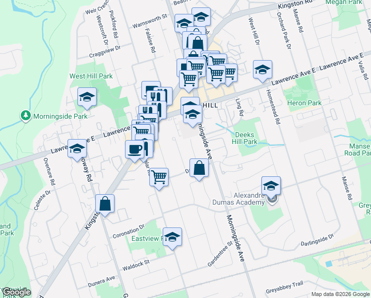 map of restaurants, bars, coffee shops, grocery stores, and more near 18 Gloaming Drive in Toronto