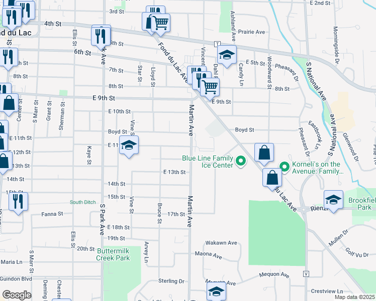 map of restaurants, bars, coffee shops, grocery stores, and more near 398 East 11th Street in Fond du Lac